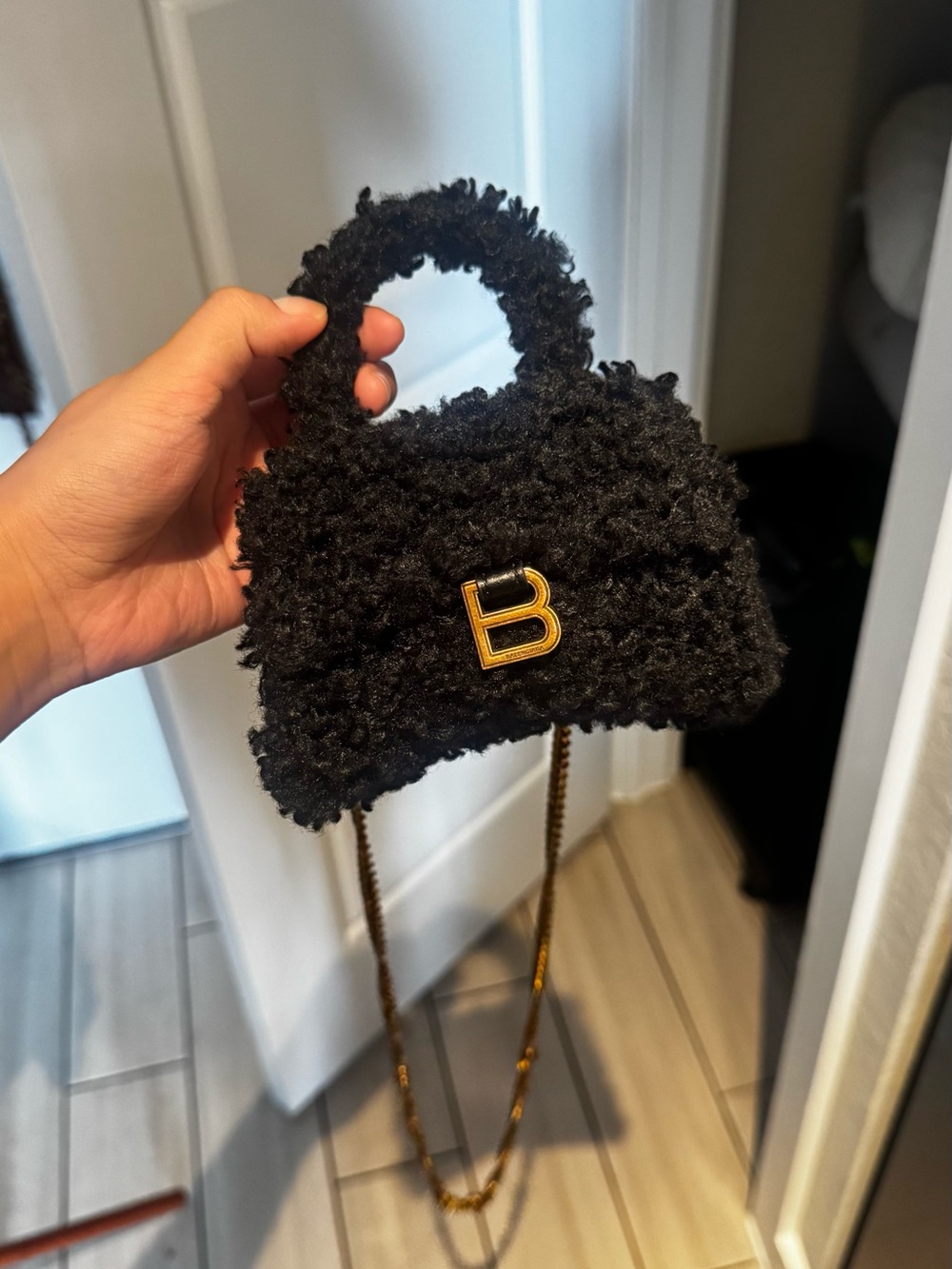 Reformation Black Fuzzy Mini Bag with Gold B Accent